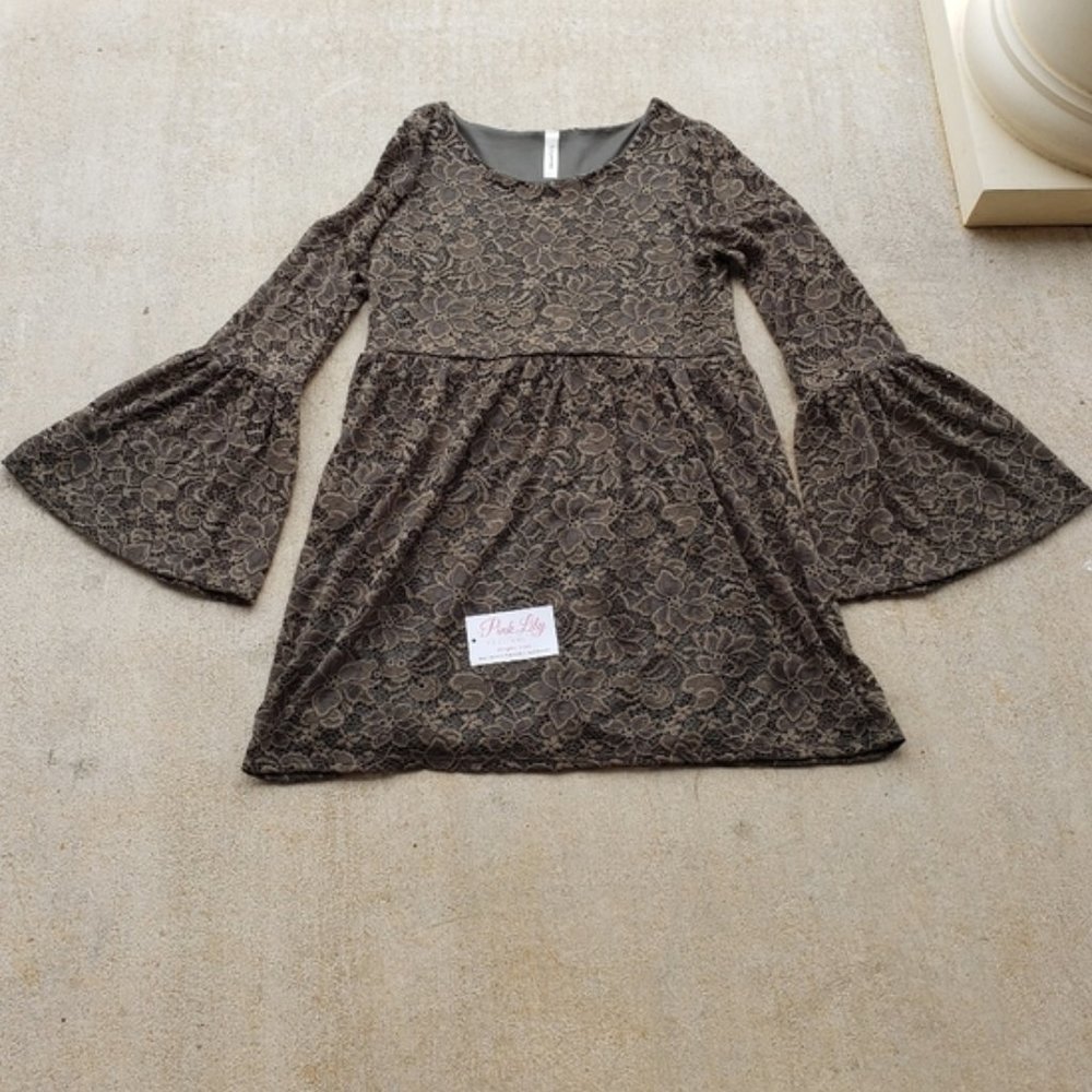 Pink Lily Olive Green Lace Bell Sleeve Dress.